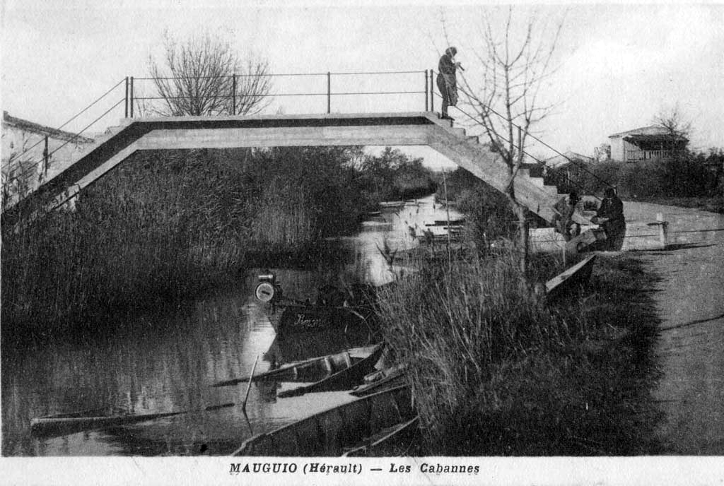 La passerelle. À droite sur l'image, la cabane à étage - Mention de droits : "Document conservé aux Archives départementales de l’Hérault (France), sous la cote [1770W 166 Lot 1 1993]