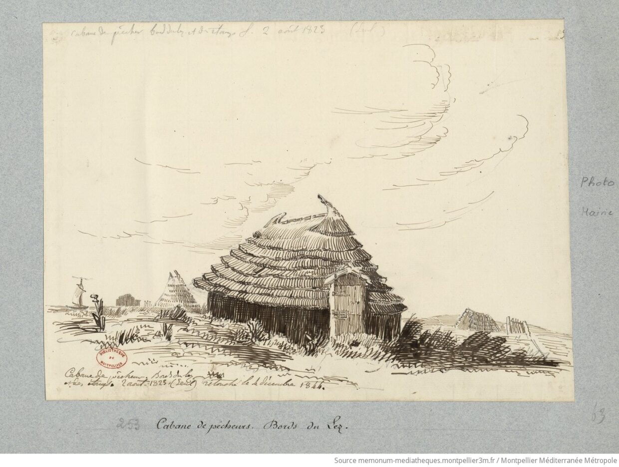 Cabane de pêcheurs, bords du Lez, Palavas . Auteur du texte : Amelin, Jean-Marie (1785-1858) - Source : Mémonum